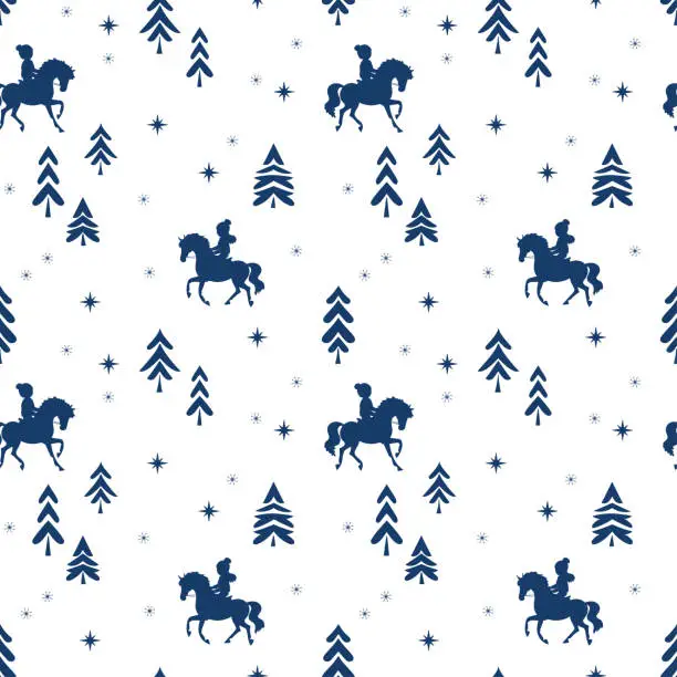 Vector illustration of Christmas and New Year theme. Vector seamless pattern. Horseback riding in the winter forest
