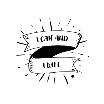 A hand-drawn ribbon banner is incorporated into a sunburst illustration design, featuring the text I Can and I Will. This illustration is vector-based and set on a white background.
