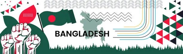 Vector illustration of BANGLADESH national day banner with map, flag colors theme background and geometric abstract retro modern colorfull design with raised hands or fists.