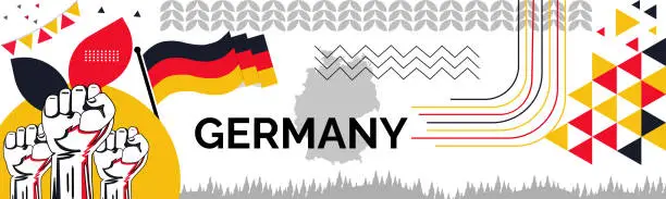 Vector illustration of GERMANY national day banner with map, flag colors theme background and geometric abstract retro modern colorfull design with raised hands or fists.