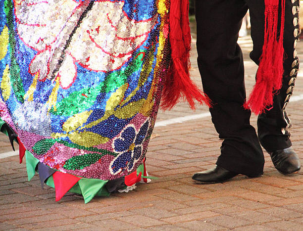 A Mexican couple dancing an Mexican folk dance. .. Something important in a Mexican dance or music performance is the dancing outfit characterized by a typical Mexican look. The typical women attire is a long skirt with colorful ribbons at the bottom, and a Mexican blouse also with ribbons high collar and bottoms at the back. The fabric is usually cotton, and women hair is braided. Men wear the typical calzon, a shirt, the Mexican hat and a scarf. Sometimes men use the charro suit with metallic ornaments in gold and silver with a large charro hat.