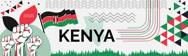 Vector illustration of KENYA national day banner with map, flag colors theme background and geometric abstract retro modern colorfull design with raised hands or fists.