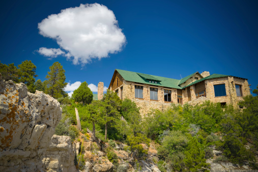 Low angle view of the Grand Canyon Lodge on the North Rim of the beautiful Grand Canyon in Arizona.