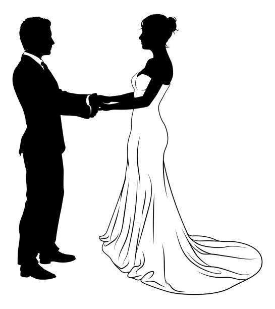 ilustraciones, imágenes clip art, dibujos animados e iconos de stock de novia y novio pareja vestido de novia siluetas - dancing women wedding reception men