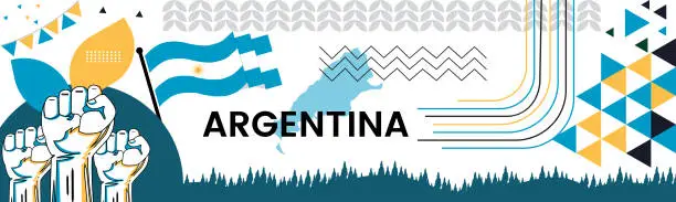 Vector illustration of ARGENTINA  national day banner with map, flag colors theme background and geometric abstract retro modern colorfull design with raised hands or fists.