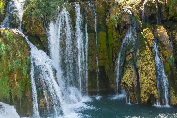 Milancev Buk waterfall at Martin Brod in Una-Sana Canton, Federation of Bosnia and Herzegovina. Located within the Una National Park, it is also known as Veliki Buk or Martinbrodski