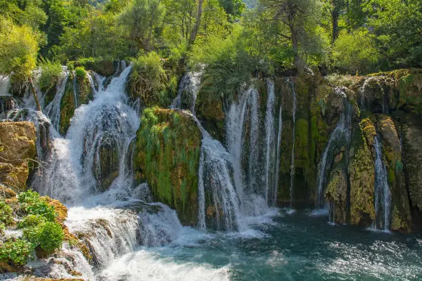 Milancev Buk waterfall at Martin Brod in Una-Sana Canton, Federation of Bosnia and Herzegovina. Located within the Una National Park, it is also known as Veliki Buk or Martinbrodski