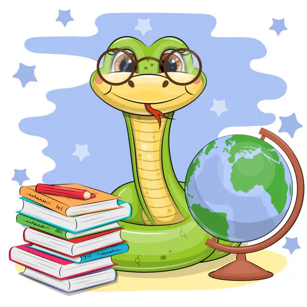 Vector illustration of Cute cartoon green snake with books and a globe.