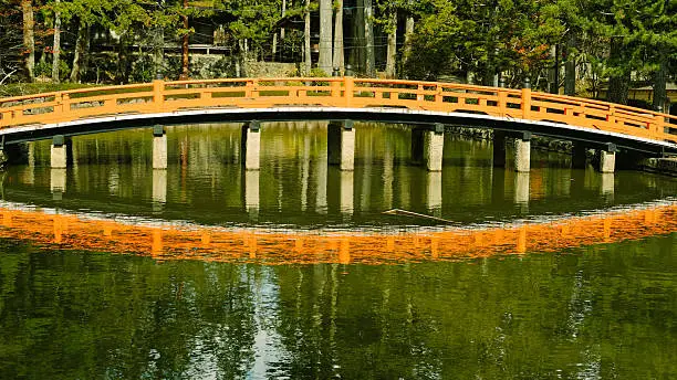 Footbridge reflected in the pond in Koyasan, a location in the Wakayama prefecture of Japan.