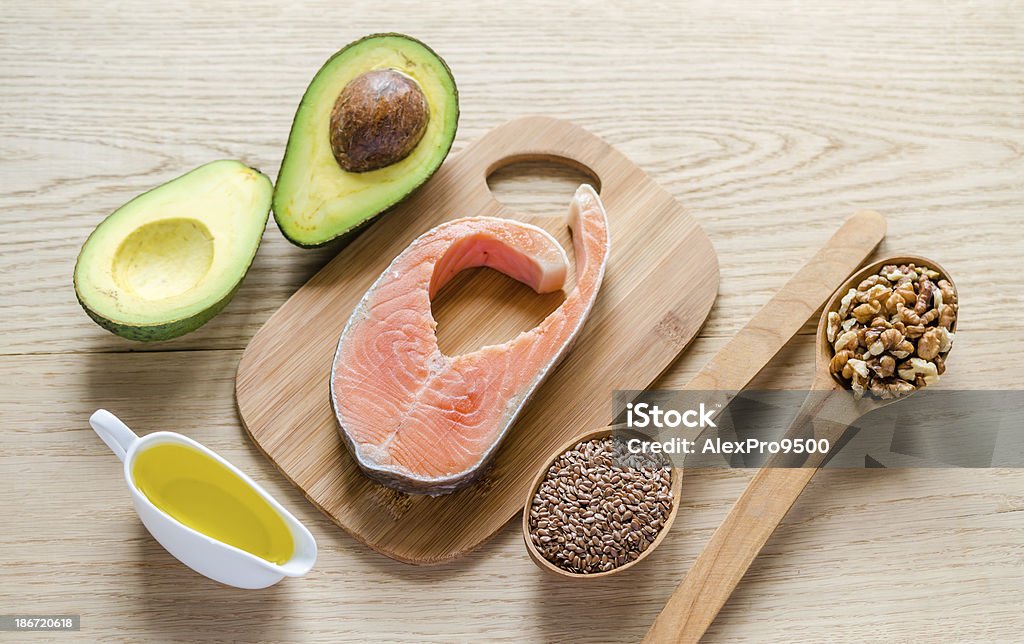 An assortment of foods with unsaturated fats Food with unsaturated fats Fat - Nutrient Stock Photo