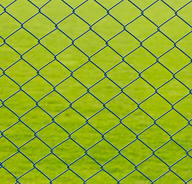 istock Metal mesh wire fence with grass background 186720790