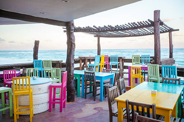 istock Bright colored bar-restaurant on the white sandy beach in Tulum 186720865