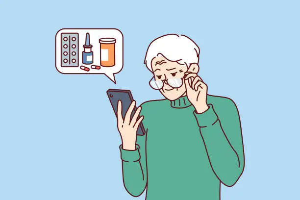 Vector illustration of Elderly man orders medicines for home delivery using mobile phone from pharmacy application