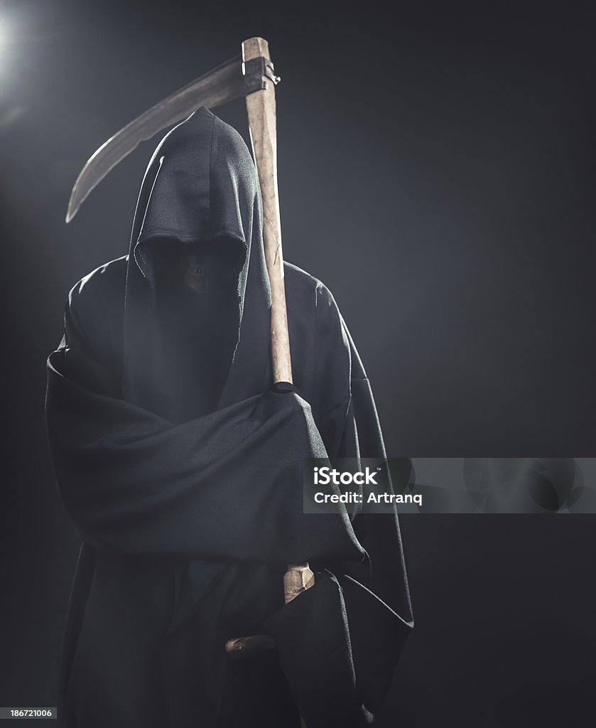 Death With Scythe Standing In The Fog At Night Stock Photo ...