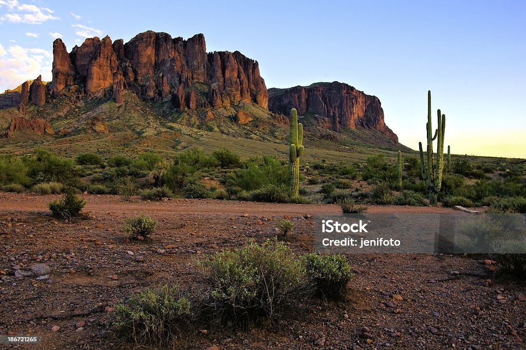 Arizona, las montañas y cactus al atardecer, EE.UU. - Foto de stock de Arizona libre de derechos