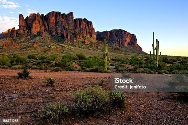 Arizona Las Montañas Y Cactus Al Atardecer Eeuu Foto de stock y más banco de imágenes de Arizona