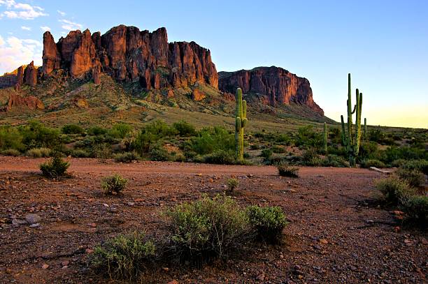 Arizona mountains and cacti at dusk, USA Superstition Mountains and the Arizona desert at dusk scottsdale arizona stock pictures, royalty-free photos & images