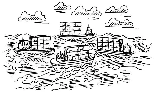 Vector illustration of Cargo Container Ships At Sea Drawing