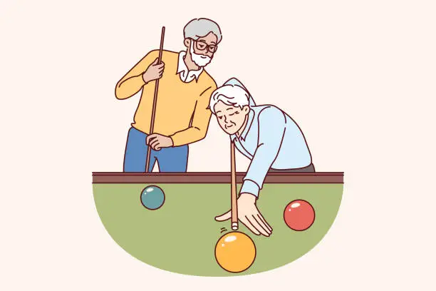 Vector illustration of Elderly men play billiards, enjoying favorite hobby that allows spend time with friends