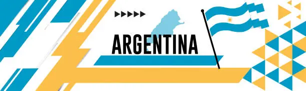 Vector illustration of ARGENTINA  national day banner with map, flag colors theme background and geometric abstract retro modern colorfull design with raised hands or fists.