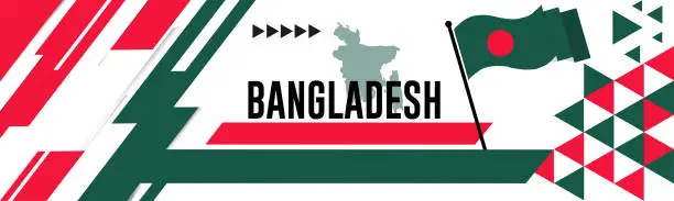 Vector illustration of BANGLADESH national day banner with map, flag colors theme background and geometric abstract retro modern colorfull design with raised hands or fists.