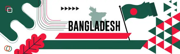 Vector illustration of BANGLADESH national day banner with map, flag colors theme background and geometric abstract retro modern colorfull design with raised hands or fists.
