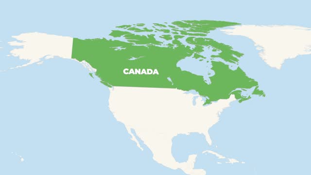 World Map Zoom In To Canada. Animation in 4K Video. Green Canada Territory On Blue and White World Map