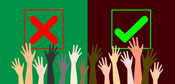 Conflict of two group of people chooses between the right or wrong sign. Choices and decisions, thinking and logic, making the right choices and decisions, Opposition concept.