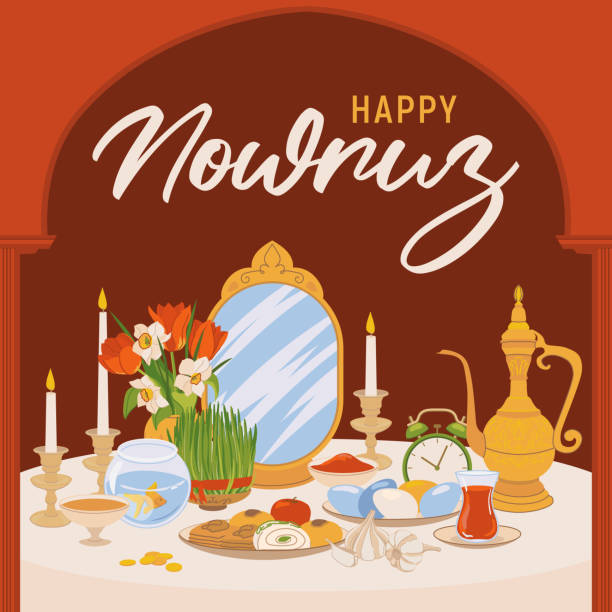 Happy Nowruz Day or Iranian New Year. Illustration with attributes of a religious holiday, fish, sweets, grass, vinegar, watchmaker, mirror, clock, chvecha. Flat style, vector.