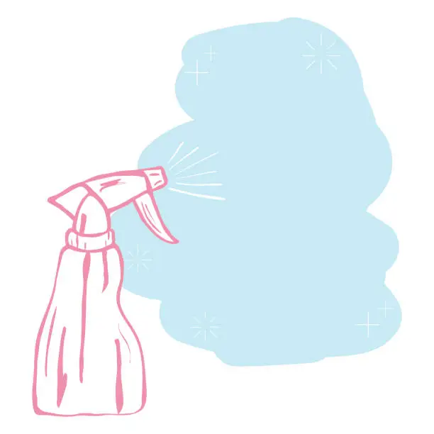 Vector illustration of Doodle frame of cleaning spray bottle. Vector clipart or banner for infographics.