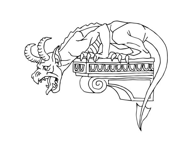 Gargoyle on the ledge of the building. A fantasy monster. Gargoyle on the ledge of the building. A fantasy monster. Vector illustration with black contour lines, isolated on a white background in a cartoon style. gargoyle stock illustrations