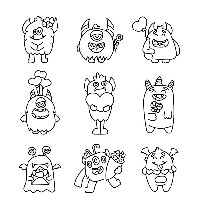 Kawaii cute monsters for Valentines day. Coloring Page. Romantic scary funny character. Hand drawn style. Vector drawing. Collection of design elements.