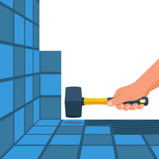 Vector illustration of A tile master holds a rubber hammer in his hands. Vector flat.