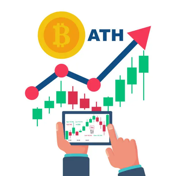 Vector illustration of All Time High. Bitcoin ATH. BTC. The highest price. New achievement.