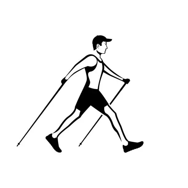 Vector illustration of Nordic walking black icon. Sports activities for a healthy lifestyle.