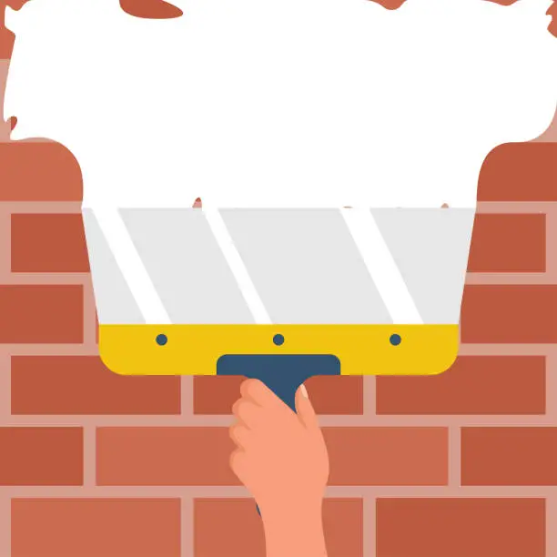 Vector illustration of Plaster wall. Hand with spatula. Vector flat design.