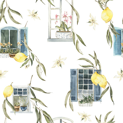 Watercolor windows seamless pattern. Lemons garden. Perfect for greeting card, fabric, scrapbook, posters, invitations and other design, summer projects.