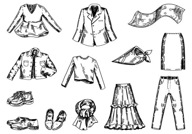 Vector illustration of Set of spring clothes. Sketches of apparel, shoes, accessories. Hand drawn vector illustrations. Outline clipart collection isolated on white.