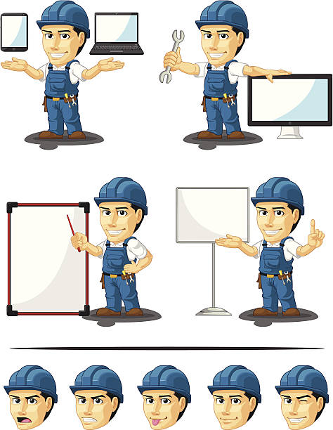 Technician or Repairman Customizable Mascot 16 A vector set of a male repairman in several poses. Drawn in cartoon style, this vector is very good for design that need technician/repairman element in cute, funny, colorful and cheerful style. plumber tablet stock illustrations