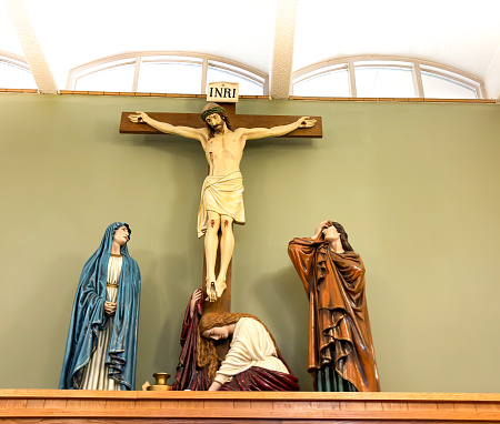 Santa Fe, NM: St Francis Cathedral Interior Crucifix Scene Statues