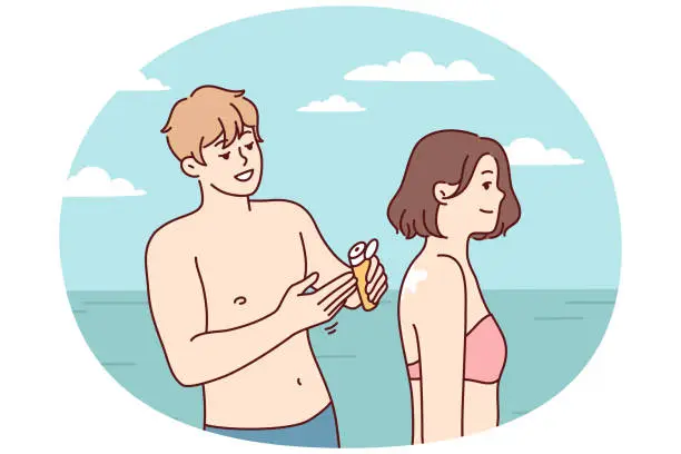 Vector illustration of Man and woman in swimming clothing are relaxing on sunny beach near ocean. Vector image