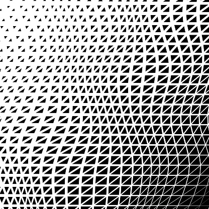This monochrome image showcases an uneven geometric mesh gradient. Starting with sparse triangles at the top left, the design densifies unevenly, transitioning into a tightly packed grid at the bottom right. The uneven offset in the arrangement creates a unique depth and dimension, reminiscent of a digital topographical map or a futuristic surface texture.