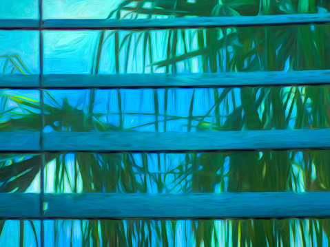 Impressionistic view of palm fronds beyond horizontal window blinds, with partly cloudy sky in the distance, midday in southwest Florida. Digital painting effect, 3D rendering.
