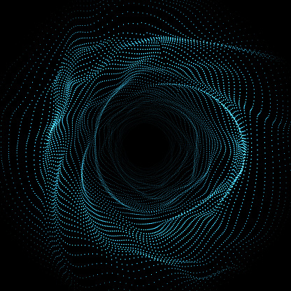 Futuristic digital vortex with radiant blue particles forming a tunnel on a deep black background.
