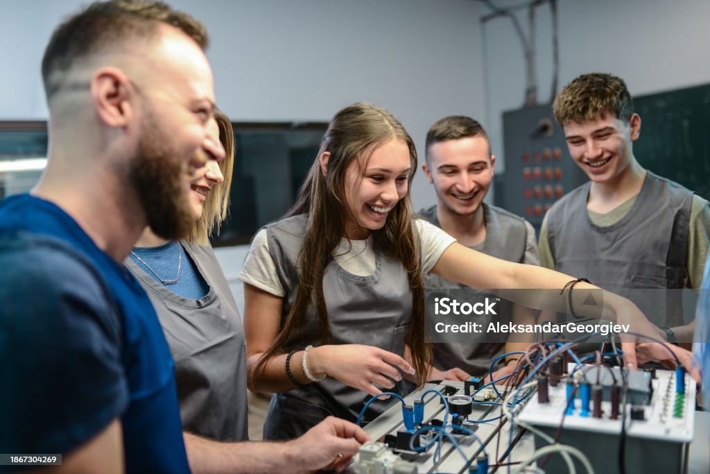 Computer Engineer Fun Smiling Students Having Fun In Electrical Engineering Class With Plc ...