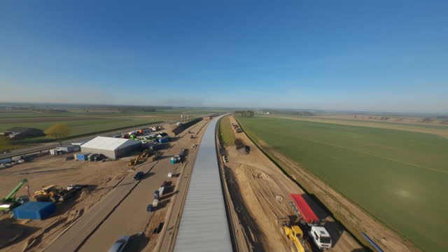 FPV drone flight view construction site of a brand new highway