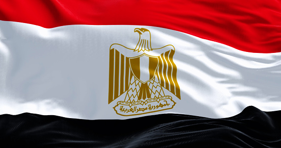 Close-up of Egypt national flag waving in the wind. Horizontal red, white and black bands. Egyptian eagle emblem centered in white band. 3d illustration render. Fluttering fabric