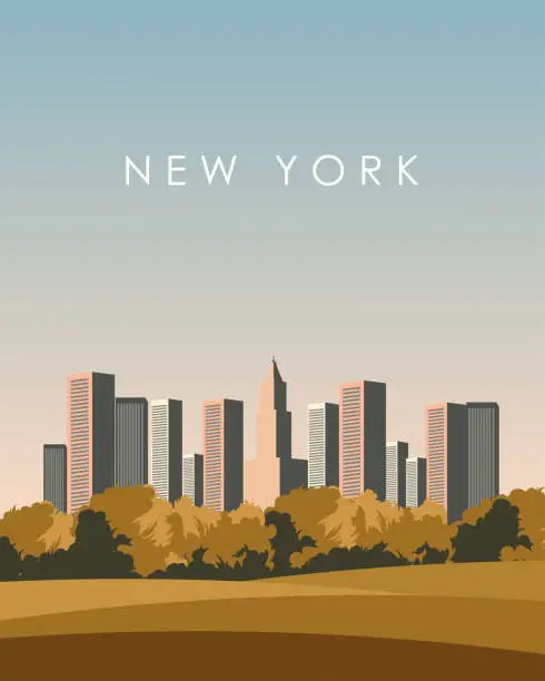 Vector illustration of New York, Central Park, poster design, vertical banner.