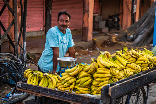 Male Indian street seller selling fruits on the streets of The Pink City in Jaipur, Rajasthan, India. Jaipur is known as the Pink City, because of the color of the stone exclusively used for the construction of all the structures.