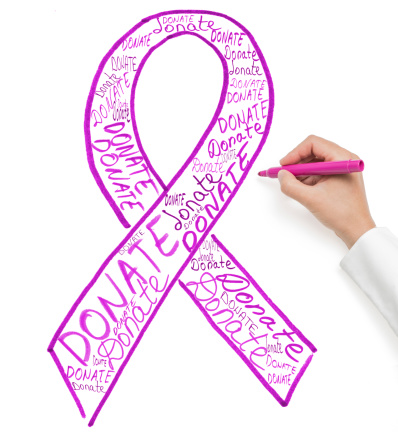 donate words and Breast Cancer Awareness Ribbon on whiteboard